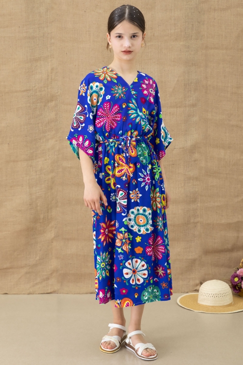 Mavi Çiçek Desenli Kısa Kol Kız Çocuk Kuşaklı Elbise 20767