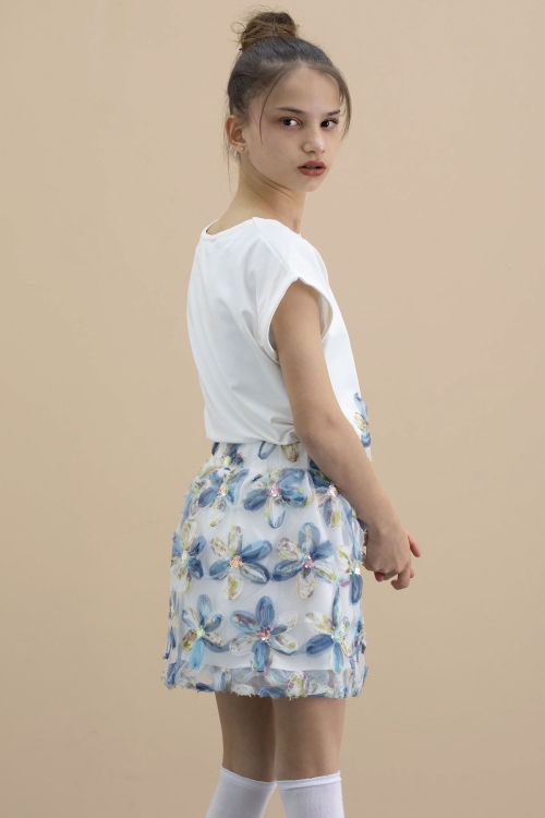 Mavi Çiçek İşlemeli Tüllü Etekli Kısa Kol Bluzlu Kız Çocuk 2li Takım 21048