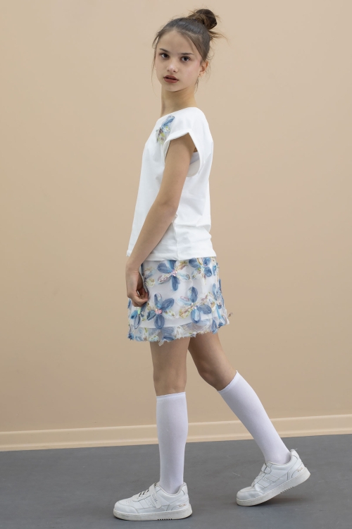 Mavi Çiçek İşlemeli Tüllü Etekli Kısa Kol Bluzlu Kız Çocuk 2li Takım 21048