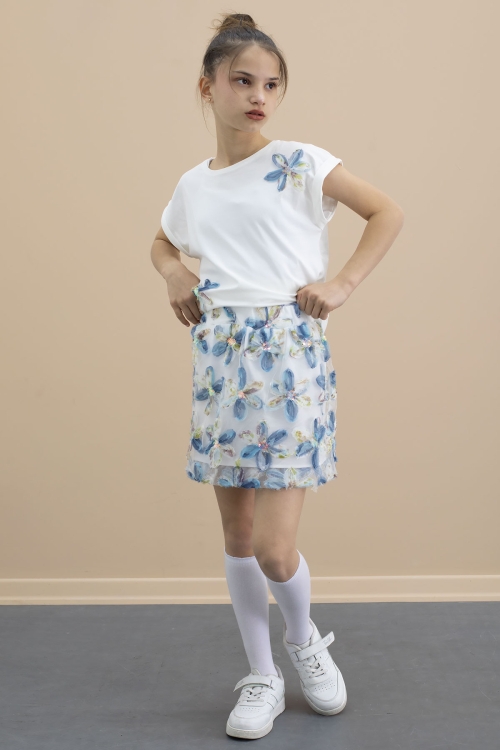 Mavi Çiçek İşlemeli Tüllü Etekli Kısa Kol Bluzlu Kız Çocuk 2li Takım 21048