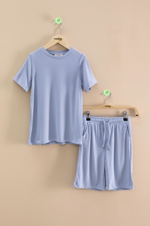 Mavi Çizgi Desenli Bisiklet Yaka Tişörtlü Erkek Çocuk Şortlu Takım 20786