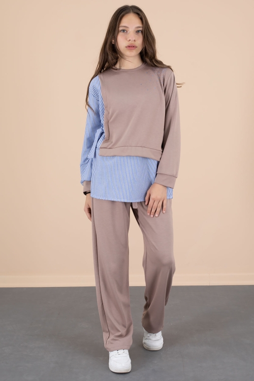 Mavi Çizgi Desenli Taş Detaylı Bluzlu Kız Çocuk Kuşaklı Pantolonlu 2li Takım 20661