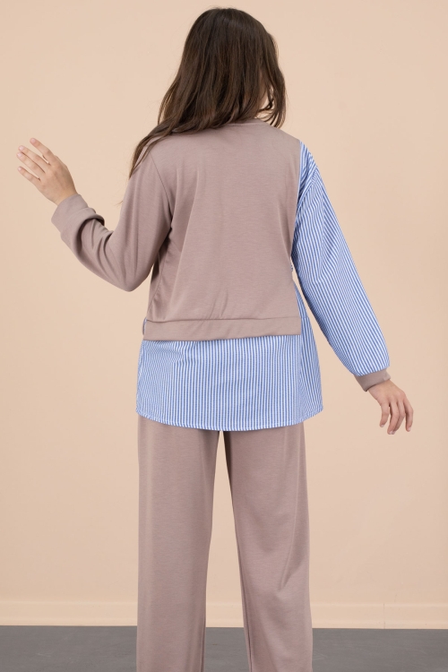 Mavi Çizgi Desenli Taş Detaylı Bluzlu Kız Çocuk Kuşaklı Pantolonlu 2li Takım 20661