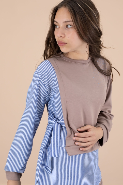 Mavi Çizgi Desenli Taş Detaylı Bluzlu Kız Çocuk Kuşaklı Pantolonlu 2li Takım 20661