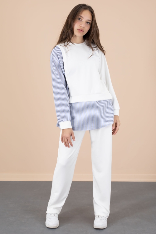 Mavi Çizgi Desenli Taş Detaylı Bluzlu Kız Çocuk Kuşaklı Pantolonlu 2li Takım 20655