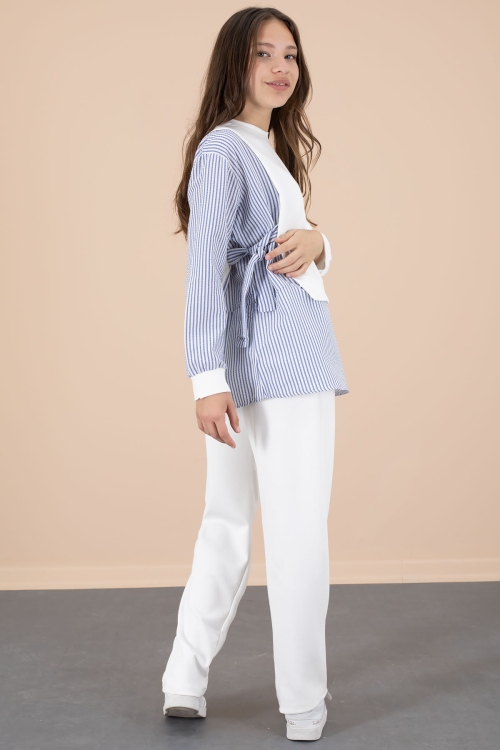 Mavi Çizgi Desenli Taş Detaylı Bluzlu Kız Çocuk Kuşaklı Pantolonlu 2li Takım 20655