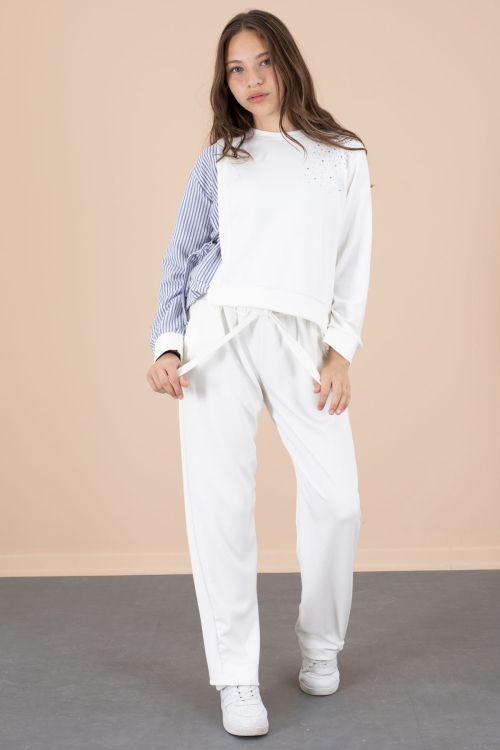 Mavi Çizgi Desenli Taş Detaylı Bluzlu Kız Çocuk Kuşaklı Pantolonlu 2li Takım 20655