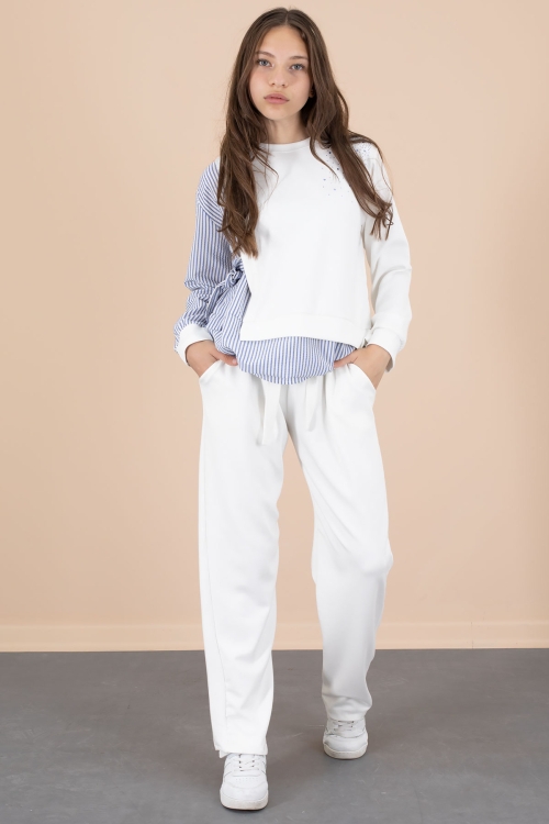 Mavi Çizgi Desenli Taş Detaylı Bluzlu Kız Çocuk Kuşaklı Pantolonlu 2li Takım 20655