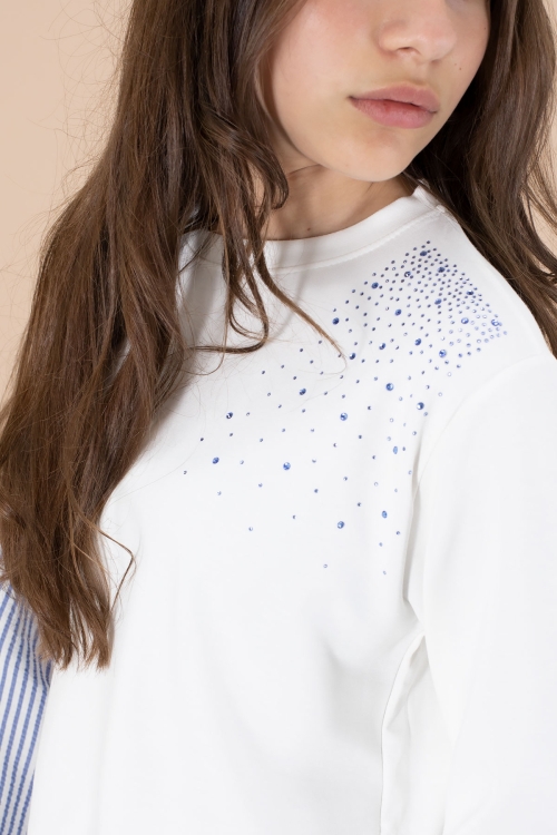 Mavi Çizgi Desenli Taş Detaylı Bluzlu Kız Çocuk Kuşaklı Pantolonlu 2li Takım 20655