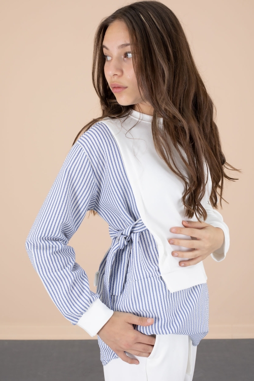 Mavi Çizgi Desenli Taş Detaylı Bluzlu Kız Çocuk Kuşaklı Pantolonlu 2li Takım 20655