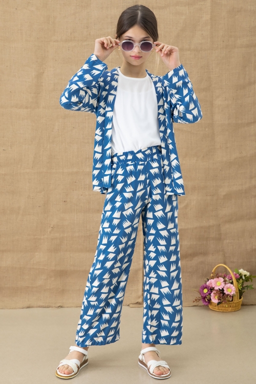 Mavi Desenli Bluzlu Geniş Paça Pantolonlu Kız Çocuk 3lü Takım 20760