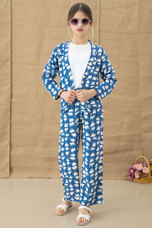 Mavi Desenli Bluzlu Geniş Paça Pantolonlu Kız Çocuk 3lü Takım 20760