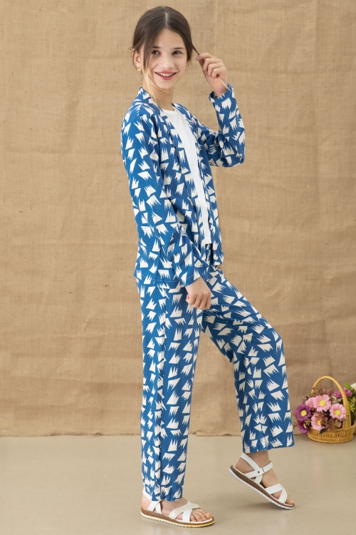 Mavi Desenli Bluzlu Geniş Paça Pantolonlu Kız Çocuk 3lü Takım 20760