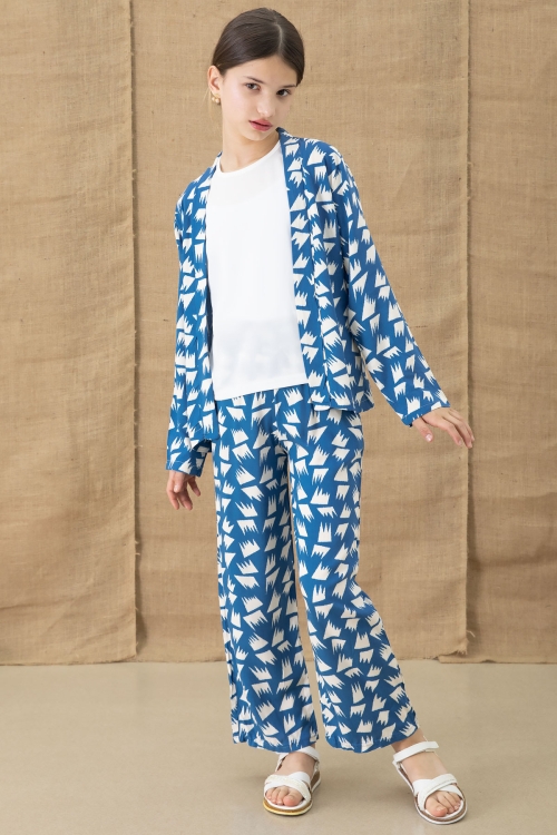 Mavi Desenli Bluzlu Geniş Paça Pantolonlu Kız Çocuk 3lü Takım 20760