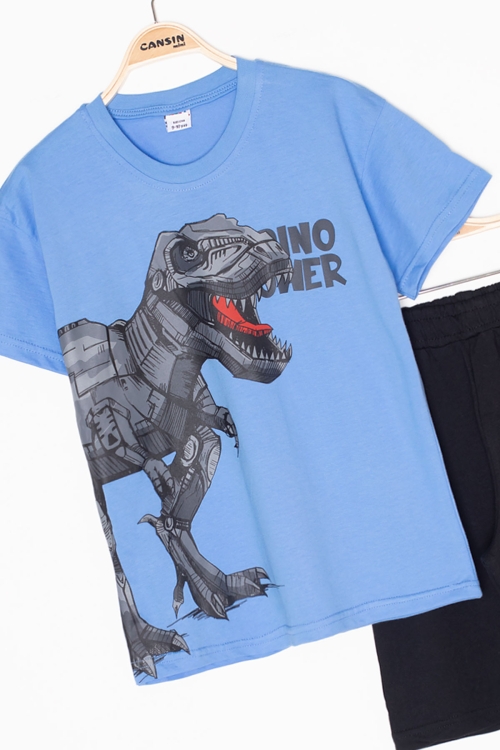 Mavi Dino Baskılı Yazılı Erkek Çocuk Şortlu Alt Üst Takım 20621