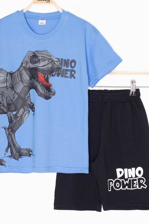 Mavi Dino Baskılı Yazılı Erkek Çocuk Şortlu Alt Üst Takım 20621