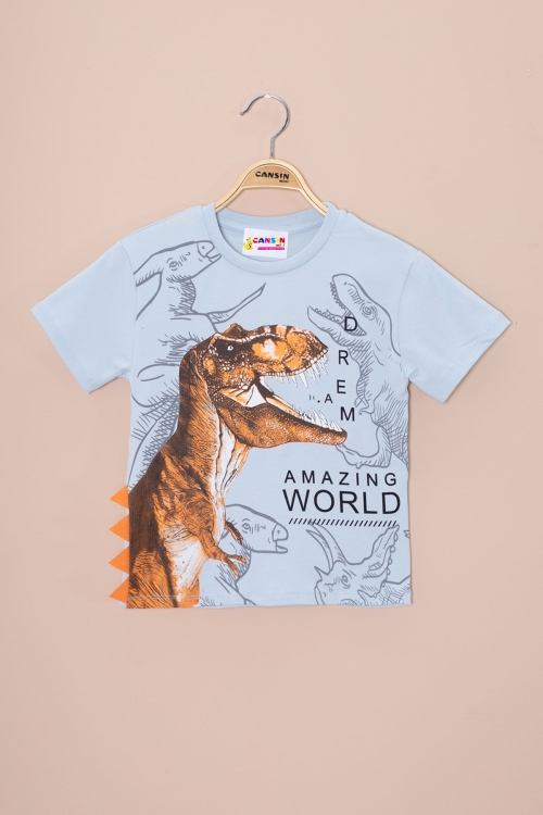 Mavi Dinozor Baskılı Bisiklet Yaka Erkek Bebek Tişört 20950