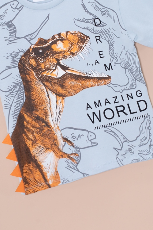 Mavi Dinozor Baskılı Bisiklet Yaka Erkek Bebek Tişört 20950