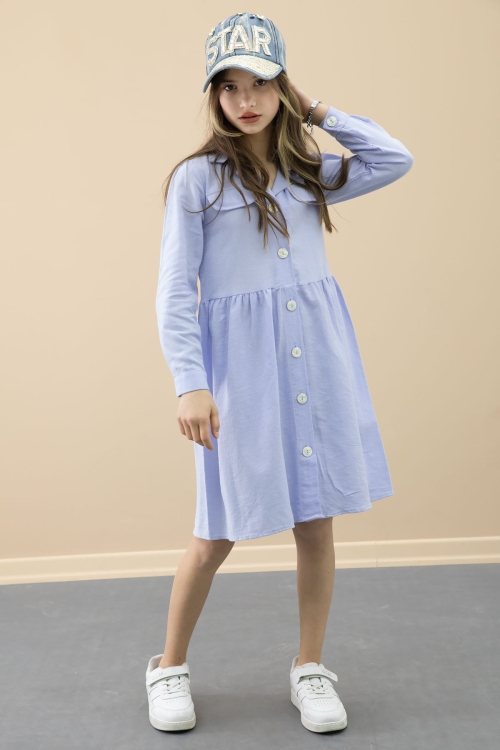 Mavi Düğme Kapamalı Kız Çocuk Kapak Detaylı Uzun Kol Elbise 20700