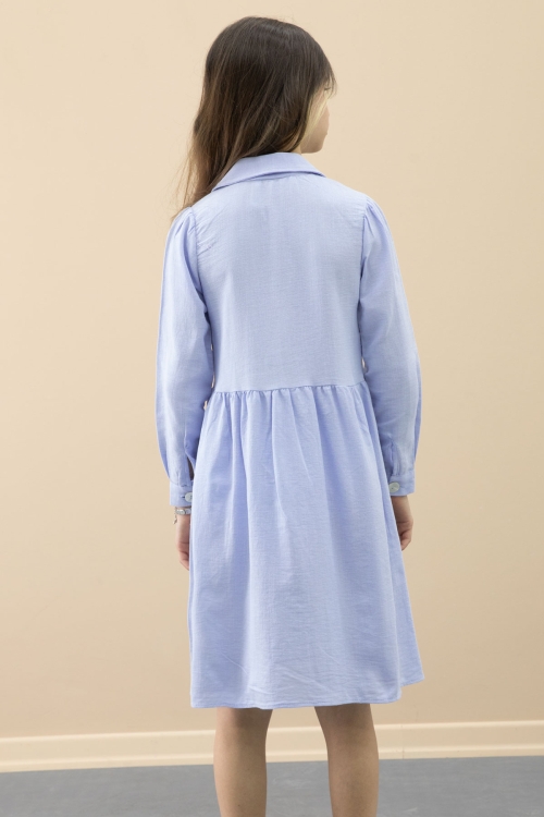 Mavi Düğme Kapamalı Kız Çocuk Kapak Detaylı Uzun Kol Elbise 20700