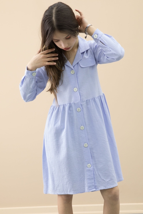 Mavi Düğme Kapamalı Kız Çocuk Kapak Detaylı Uzun Kol Elbise 20700