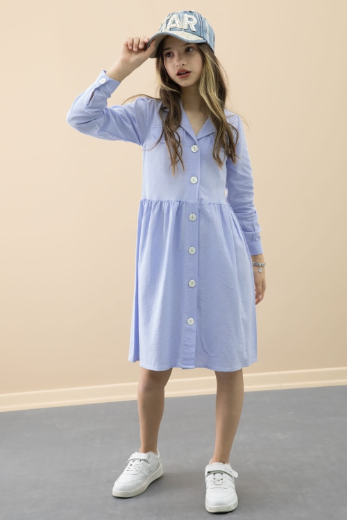 Mavi Düğme Kapamalı Kız Çocuk Kapak Detaylı Uzun Kol Elbise 20700