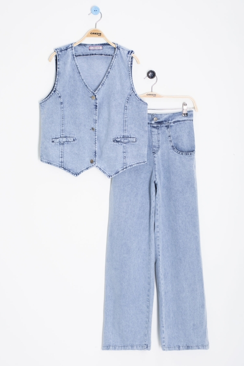 Mavi Düğmeli Jean Yelekli ve Geniş Paça Pantolonlu Kız Çocuk 2li Takım 20636
