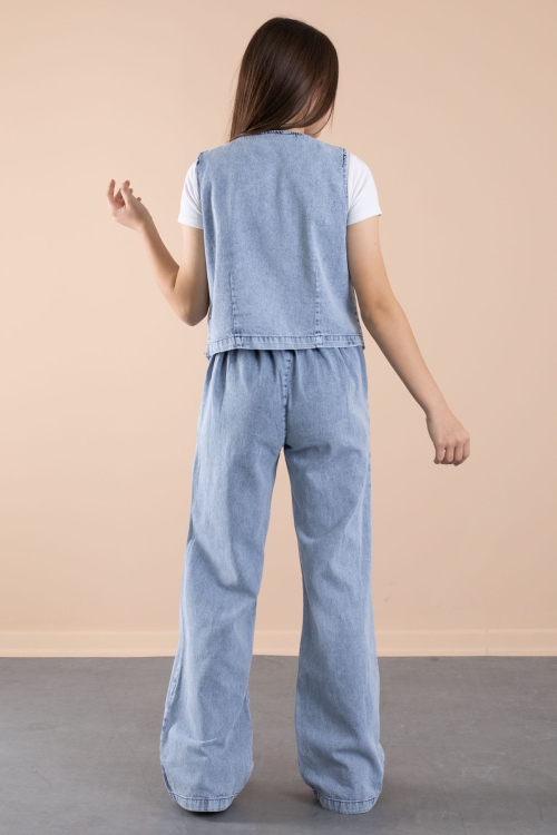 Mavi Düğmeli Jean Yelekli ve Geniş Paça Pantolonlu Kız Çocuk 2li Takım 20636