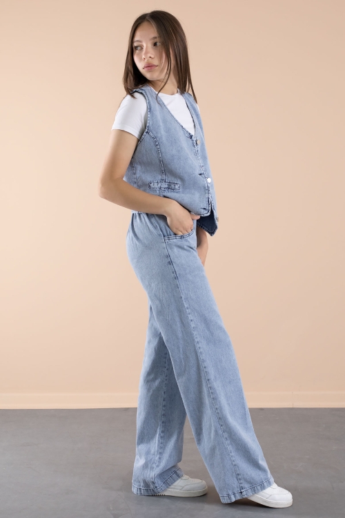 Mavi Düğmeli Jean Yelekli ve Geniş Paça Pantolonlu Kız Çocuk 2li Takım 20636