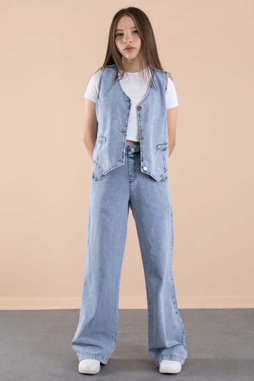 Mavi Düğmeli Jean Yelekli ve Geniş Paça Pantolonlu Kız Çocuk 2li Takım 20636