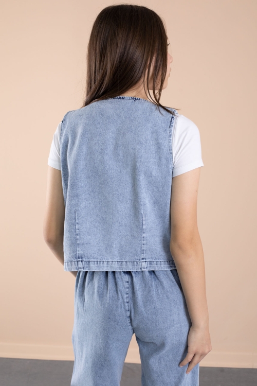 Mavi Düğmeli Jean Yelekli ve Geniş Paça Pantolonlu Kız Çocuk 2li Takım 20636