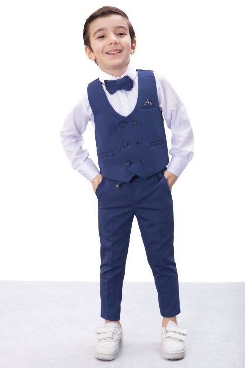 Mavi Düğmeli Yelekli Papyonlu Gömlekli Erkek Çocuk 4lü Takım Elbise 20546