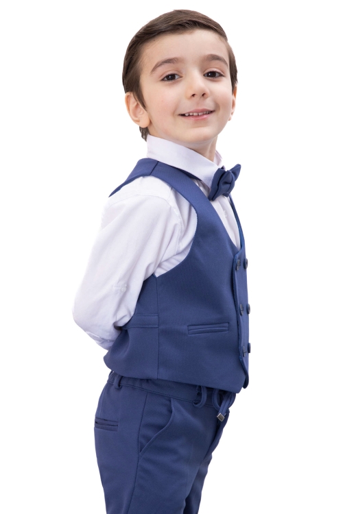 Mavi Düğmeli Yelekli Papyonlu Gömlekli Erkek Çocuk 4lü Takım Elbise 20546