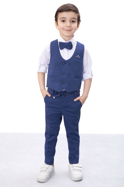 Mavi Düğmeli Yelekli Papyonlu Gömlekli Erkek Çocuk 4lü Takım Elbise 20546