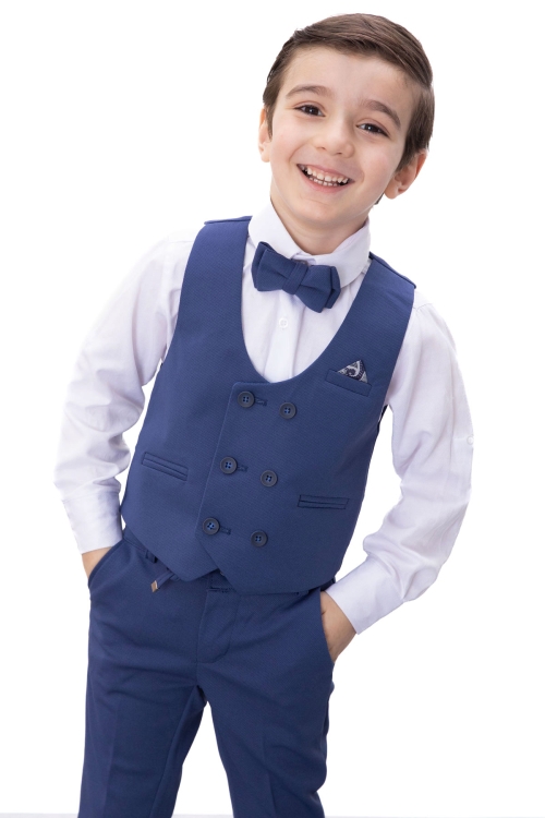 Mavi Düğmeli Yelekli Papyonlu Gömlekli Erkek Çocuk 4lü Takım Elbise 20546