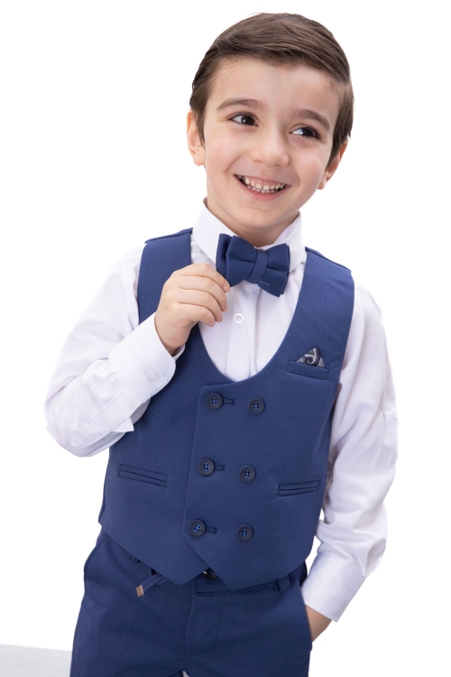 Mavi Düğmeli Yelekli Papyonlu Gömlekli Erkek Çocuk 4lü Takım Elbise 20546