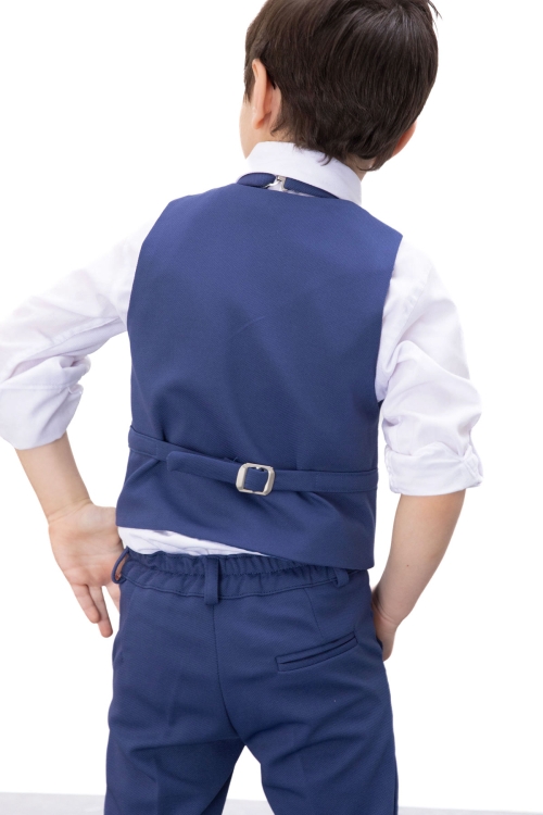 Mavi Düğmeli Yelekli Papyonlu Gömlekli Erkek Çocuk 4lü Takım Elbise 20546