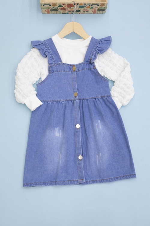 Mavi Fırfırlı Salopetli ve Kol Detaylı Badili Kız Çocuk 2li Takım 20657