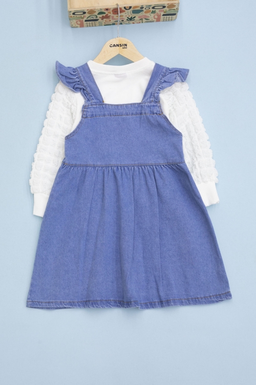 Mavi Fırfırlı Salopetli ve Kol Detaylı Badili Kız Çocuk 2li Takım 20657