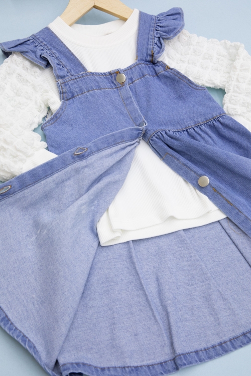 Mavi Fırfırlı Salopetli ve Kol Detaylı Badili Kız Çocuk 2li Takım 20657