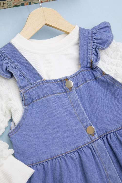 Mavi Fırfırlı Salopetli ve Kol Detaylı Badili Kız Çocuk 2li Takım 20657