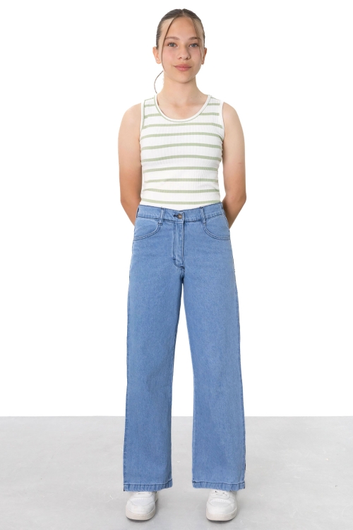 Mavi Geniş Paça Yanları Şeritli Kız Çocuk Jean Pantolon 21124