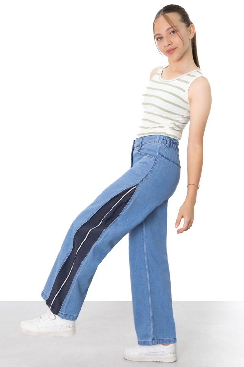 Mavi Geniş Paça Yanları Şeritli Kız Çocuk Jean Pantolon 21124