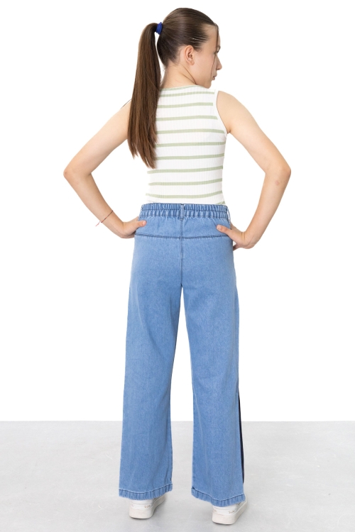 Mavi Geniş Paça Yanları Şeritli Kız Çocuk Jean Pantolon 21124