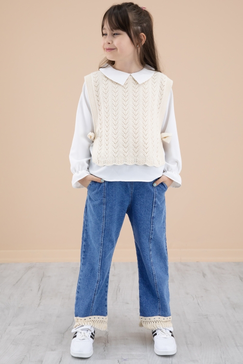 Mavi Jean Pantolonlu  Dantelli Süveterli  Kız Çocuk 3lü Takım 20691