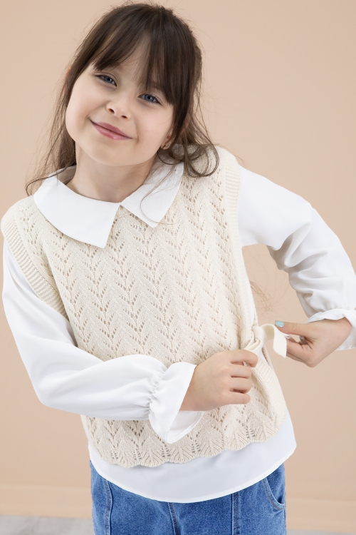 Mavi Jean Pantolonlu  Dantelli Süveterli  Kız Çocuk 3lü Takım 20691