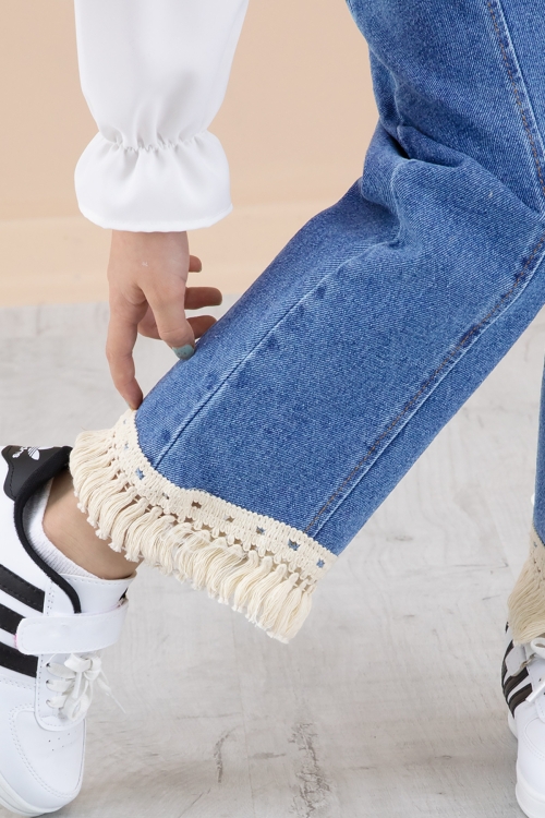 Mavi Jean Pantolonlu  Dantelli Süveterli  Kız Çocuk 3lü Takım 20691