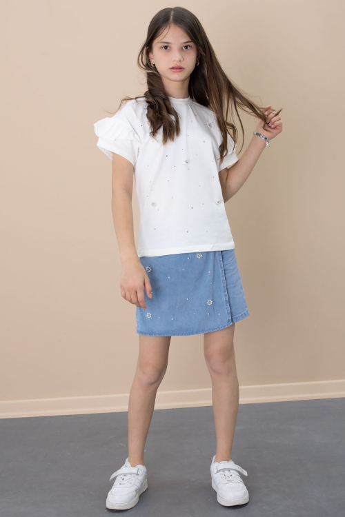 Mavi Jean Şortlu Payetli Kısa Kol Tişörtlü Kız Çocuk 2li Takım 21101