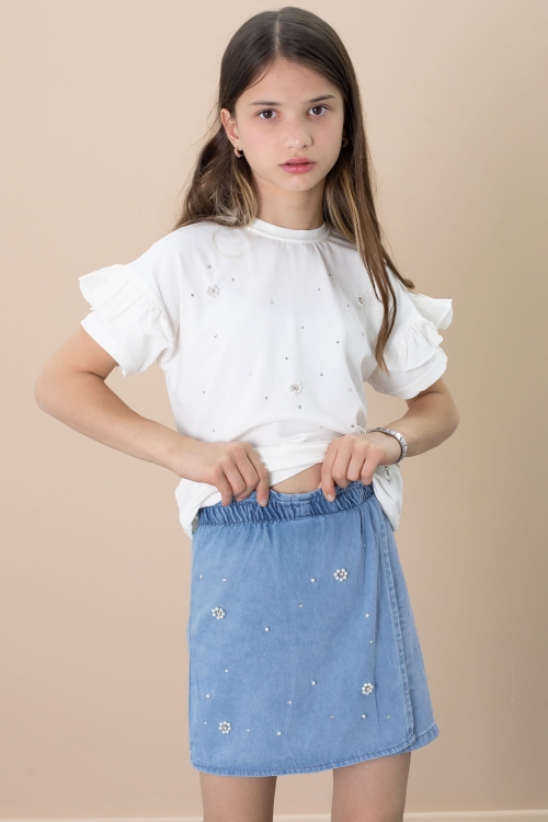 Mavi Jean Şortlu Payetli Kısa Kol Tişörtlü Kız Çocuk 2li Takım 21101