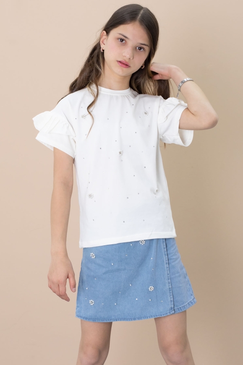 Mavi Jean Şortlu Payetli Kısa Kol Tişörtlü Kız Çocuk 2li Takım 21101